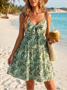 Trixxi Women’s Tropical Floral Smocked V-Neck Sundress, Green, Size L